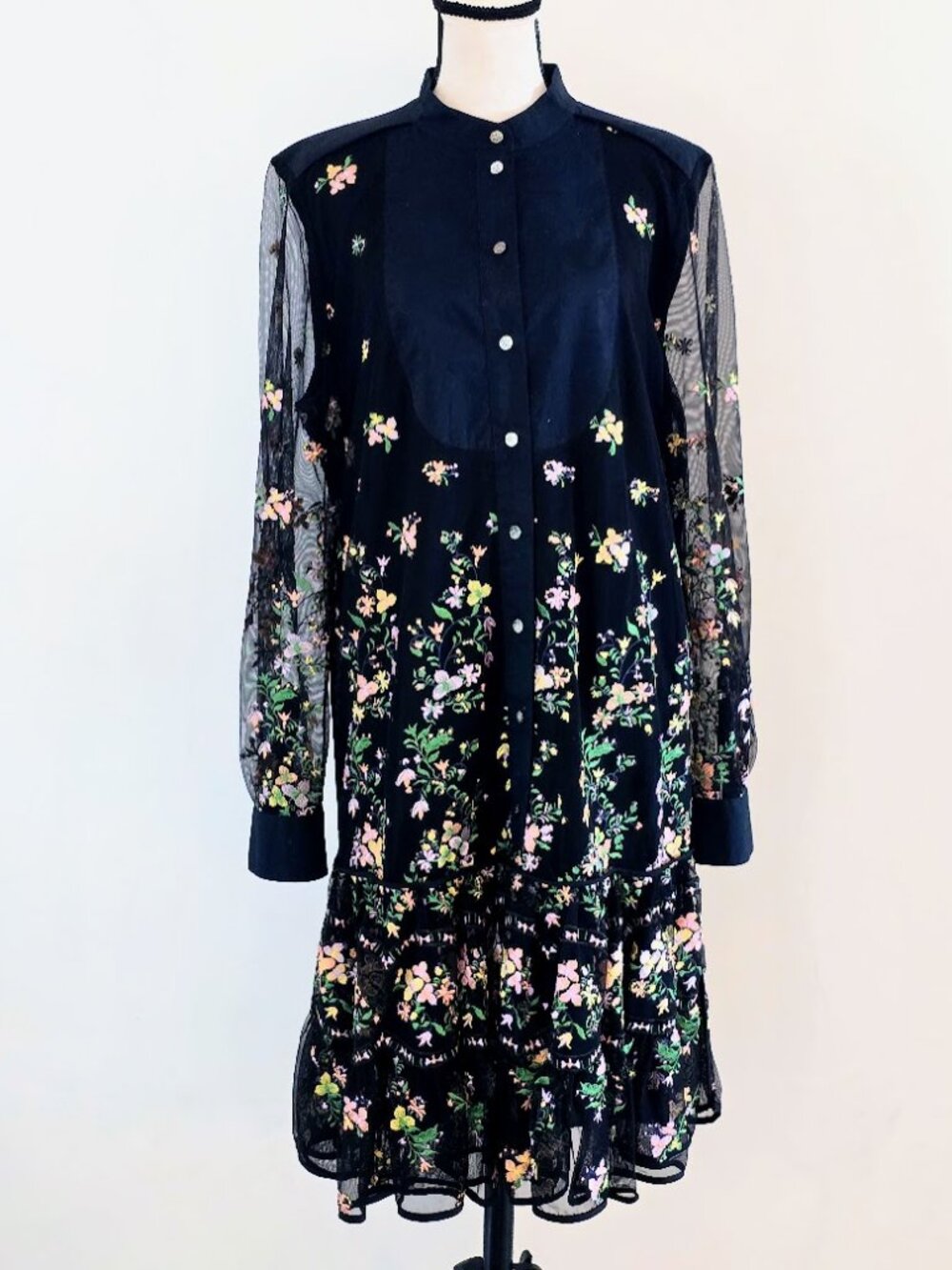 Tory Burch Embroidered Floral Tulle Tunic Shirtdress Black Size M Mesh Midi